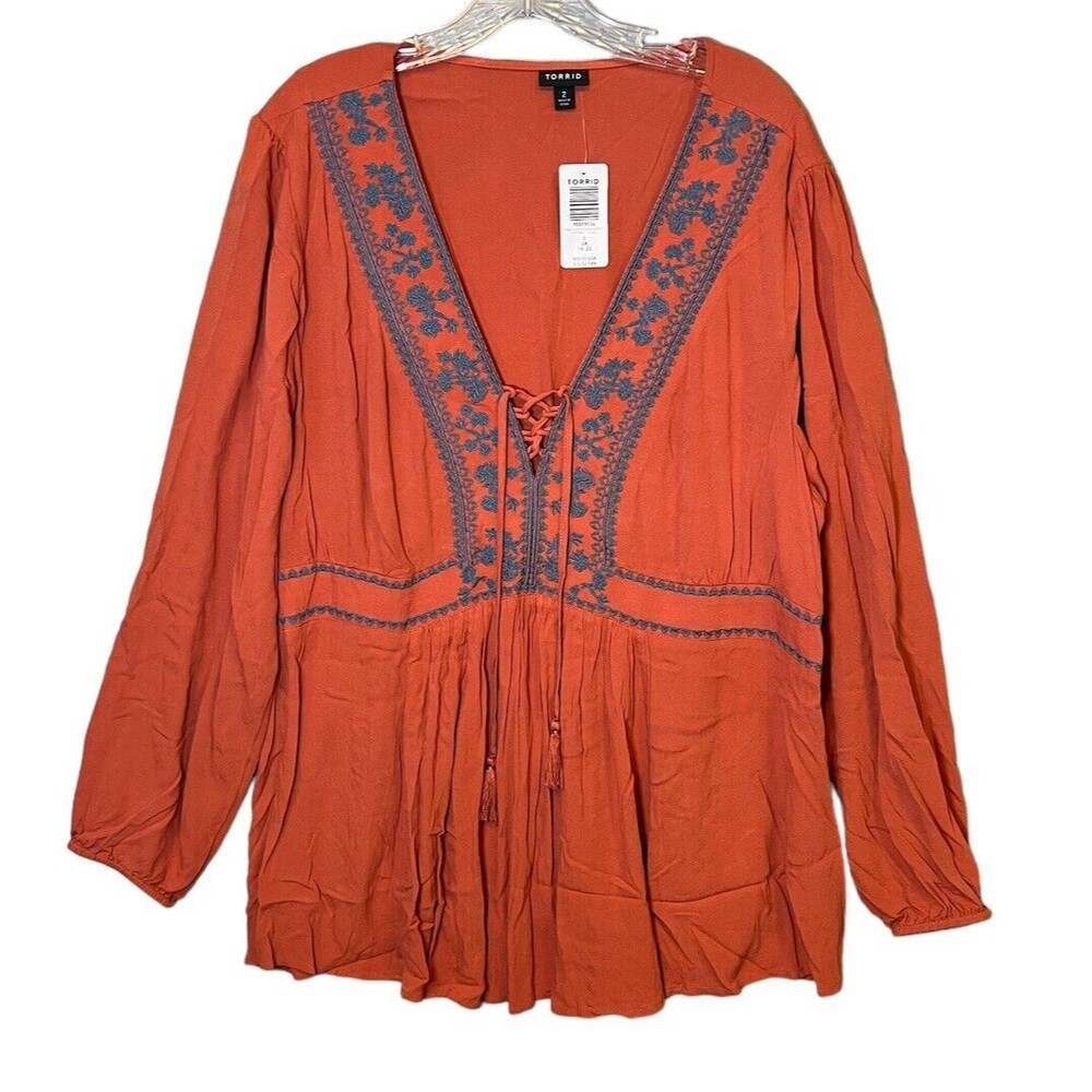 Torrid Orange Rust with Blue Gray Embroidery‎ Long Sleeve  Babydoll Top Sz 2 2X
